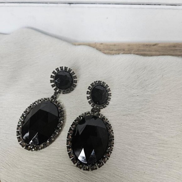 Vintage Black Large Rhinestone Chrystal Fashion Dangle Earrings - Picture 3 of 4